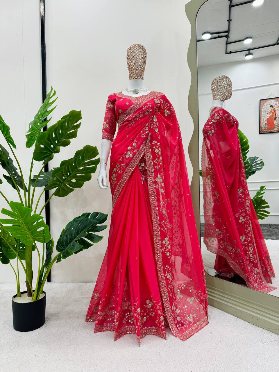 Red Tibby Silk With Thred & Sequnce Saree