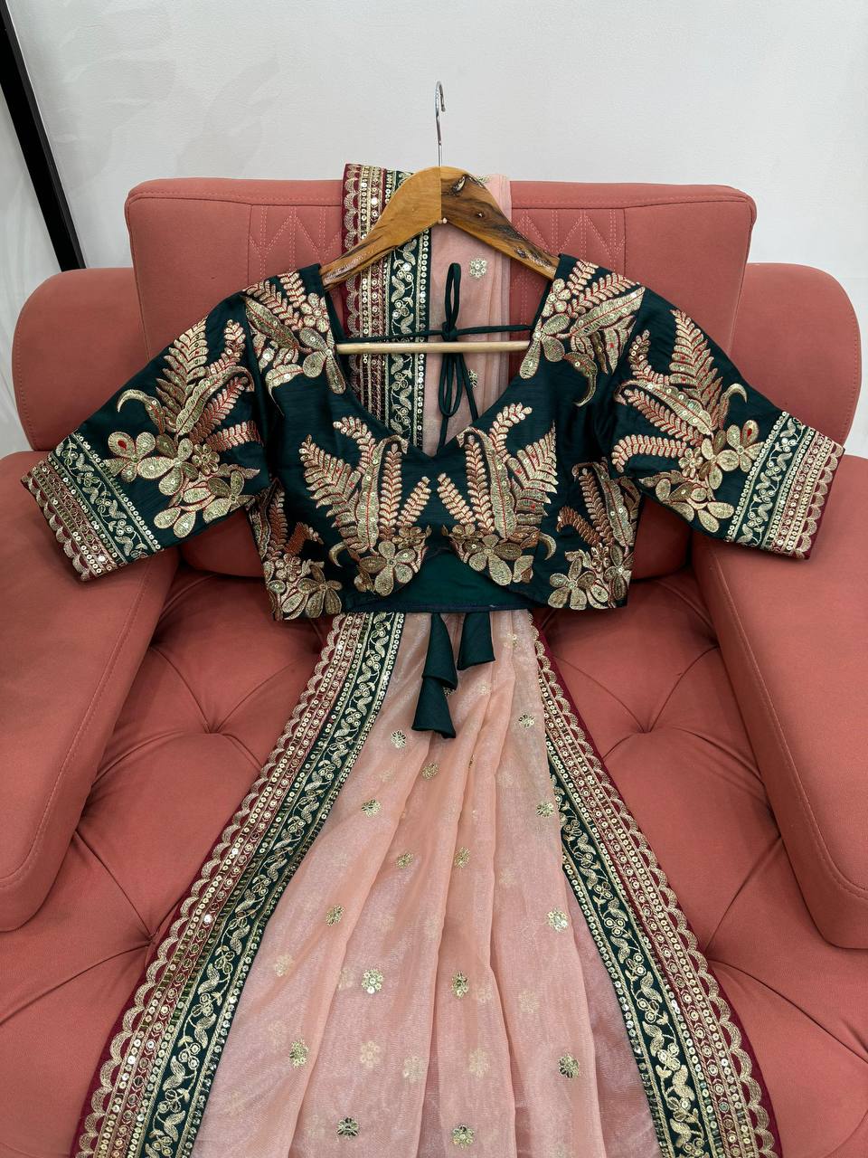 Peach Twill Net Thred Work Saree