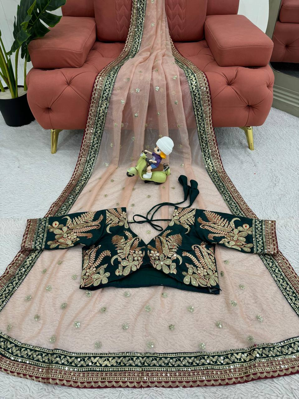 Peach Twill Net Thred Work Saree