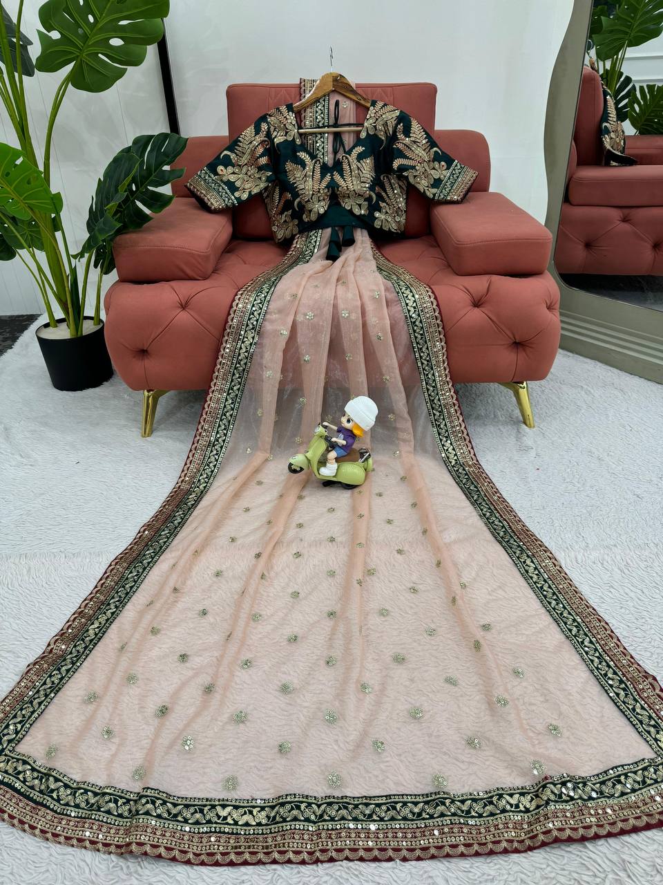 Peach Twill Net Thred Work Saree