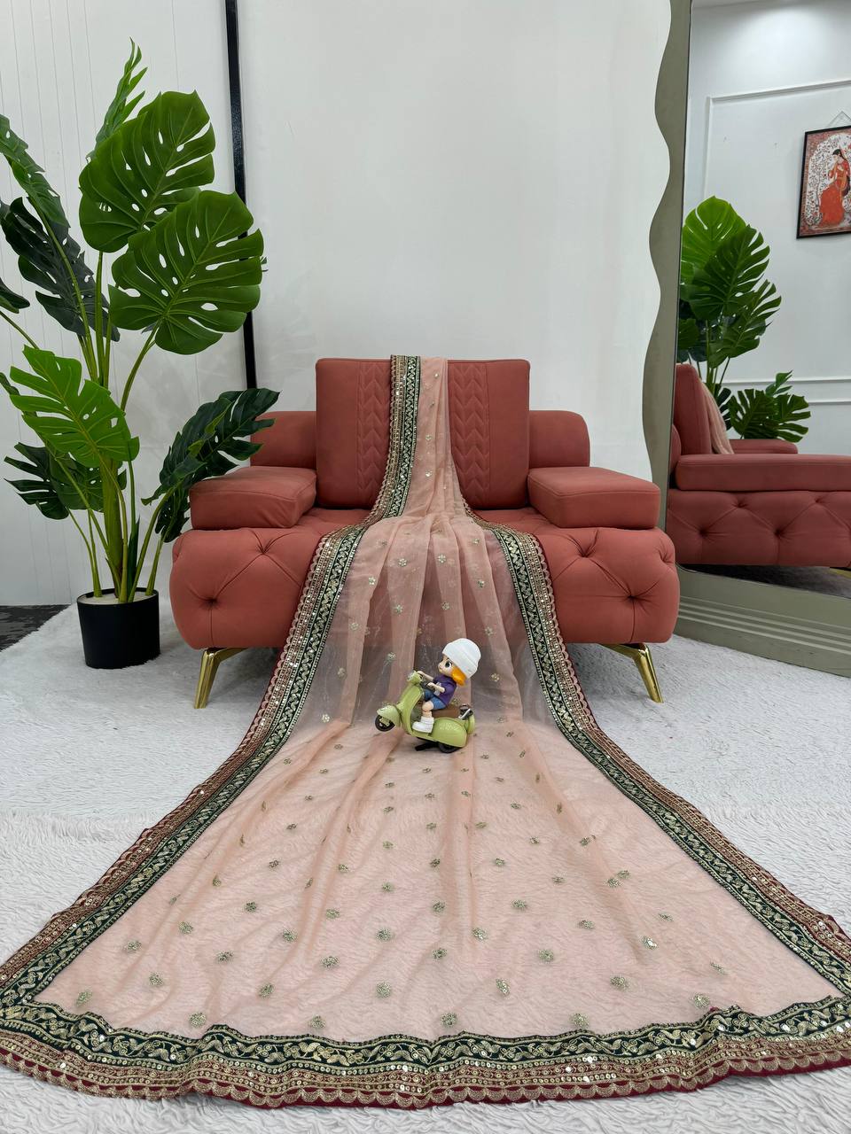 Peach Twill Net Thred Work Saree