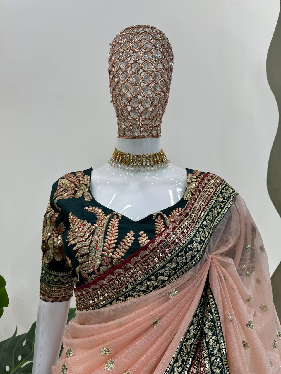 Peach Twill Net Thred Work Saree