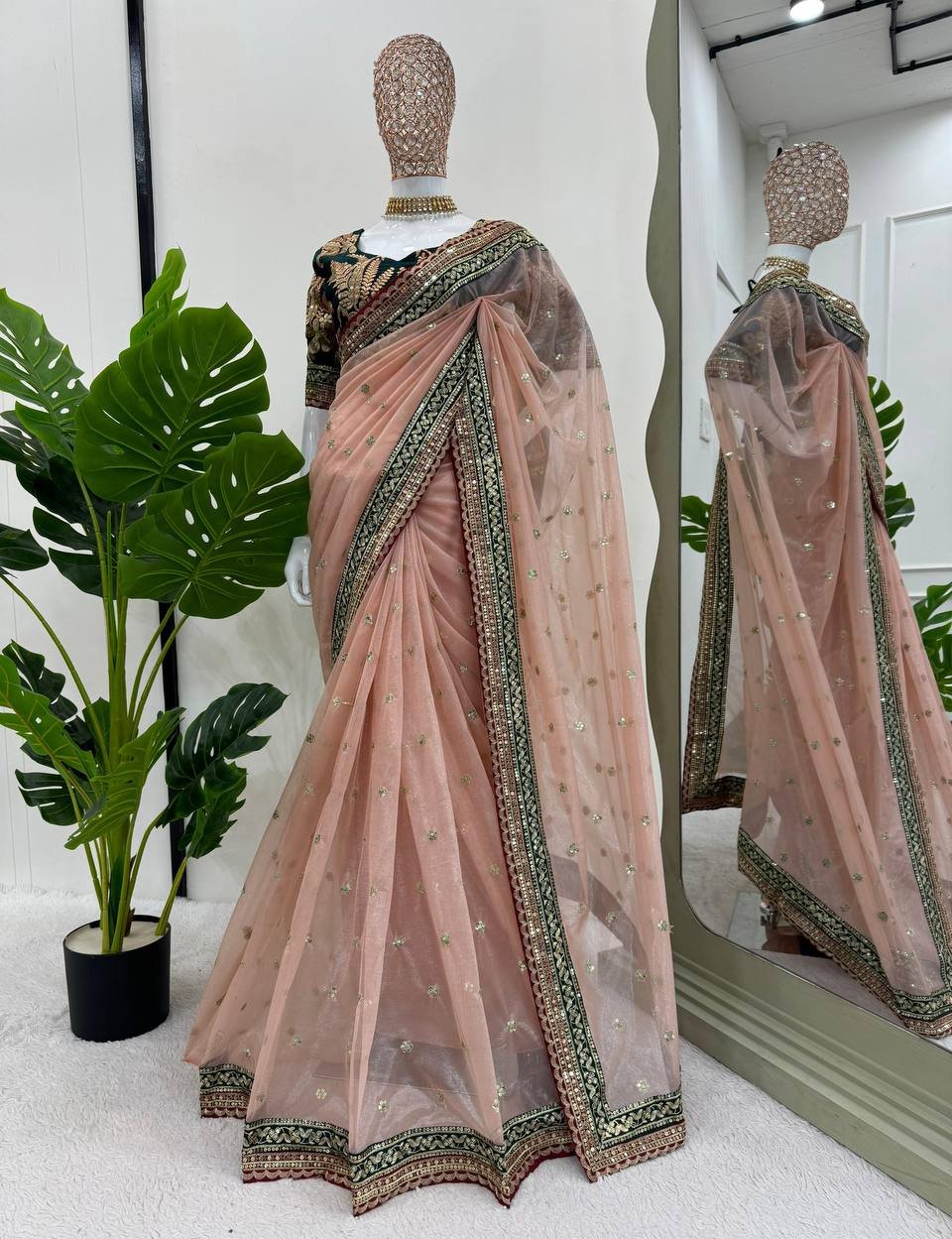 Peach Twill Net Thred Work Saree