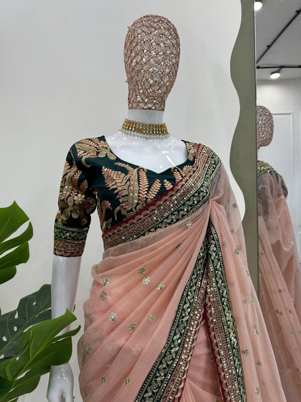 Peach Twill Net Thred Work Saree