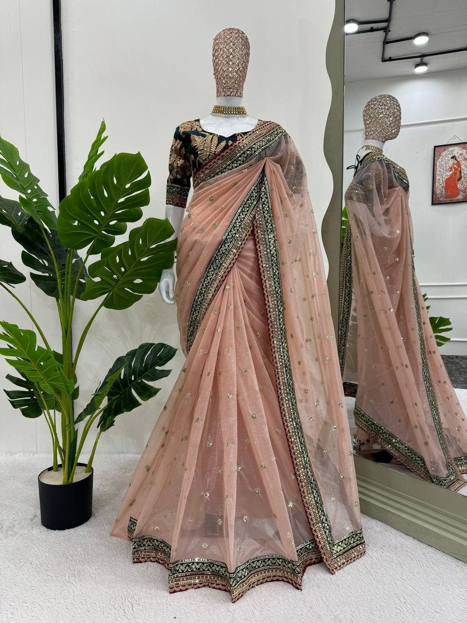 Peach Twill Net Thred Work Saree