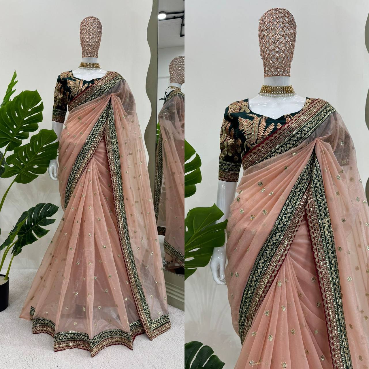 Peach Twill Net Thred Work Saree