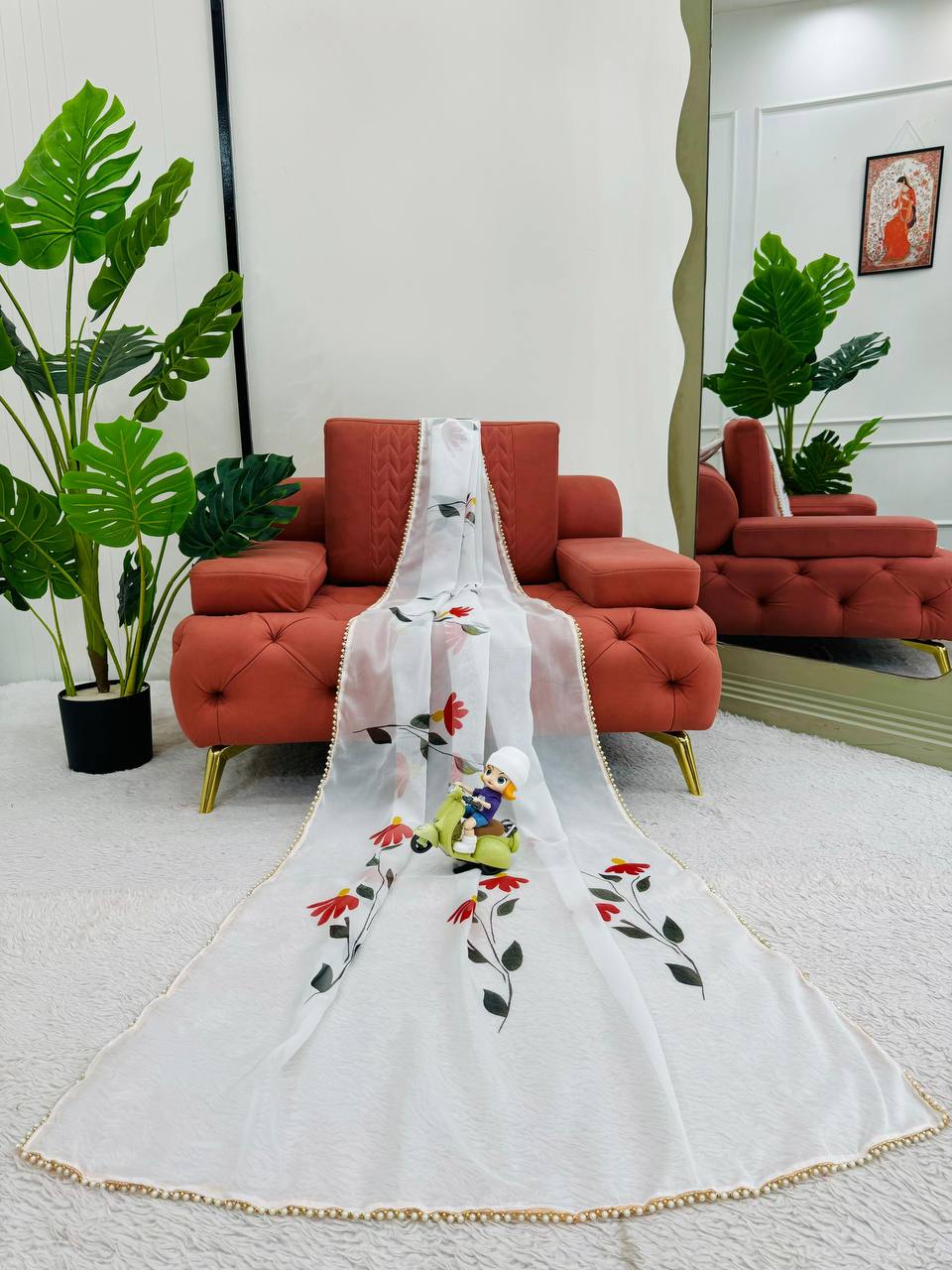 White Tibby Silk With Digital Print Saree