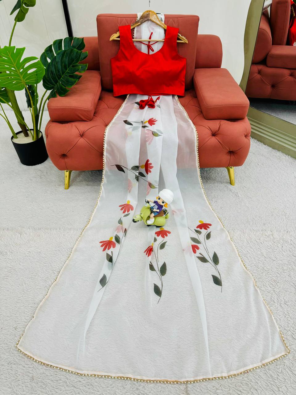 White Tibby Silk With Digital Print Saree