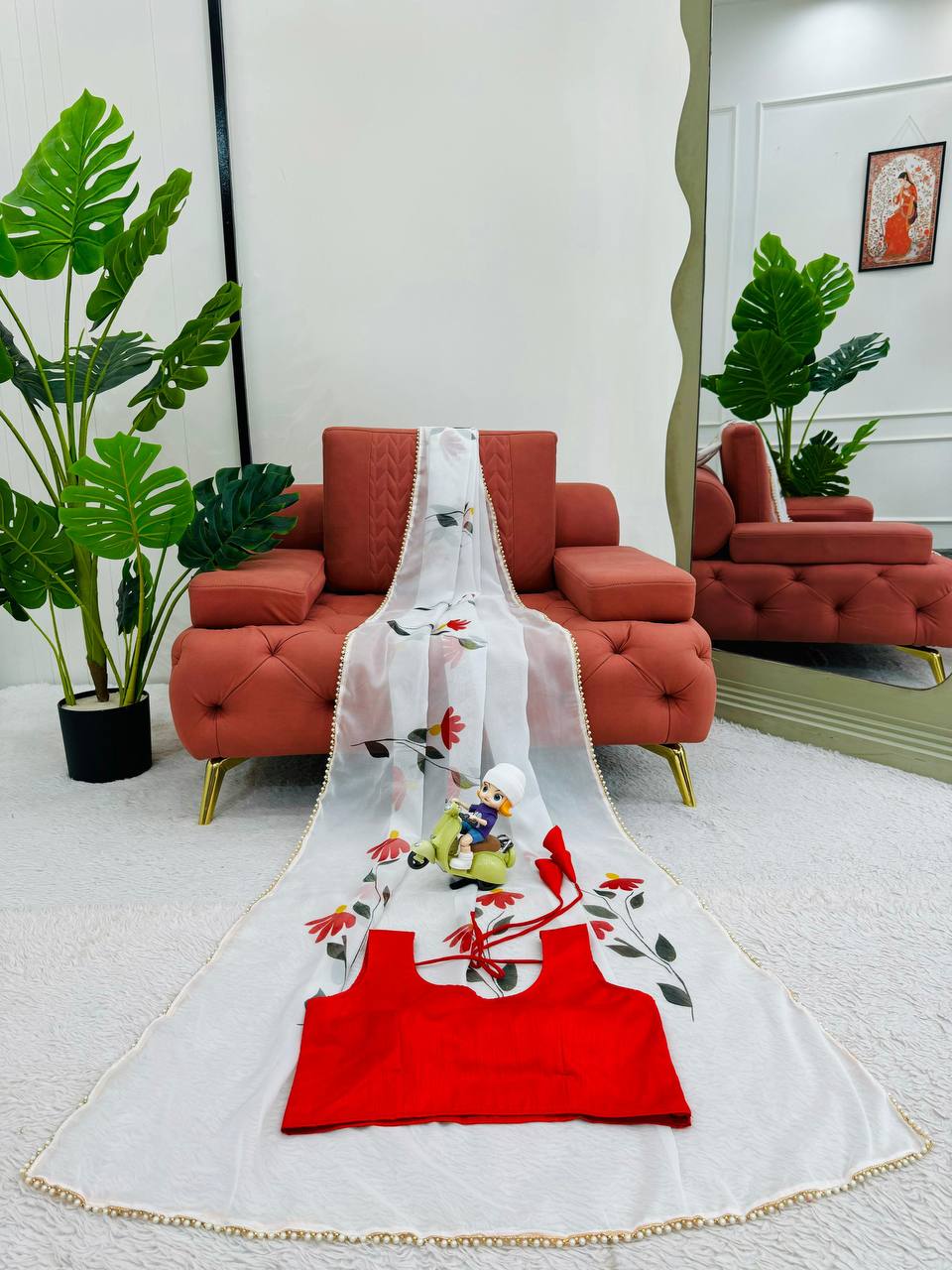 White Tibby Silk With Digital Print Saree