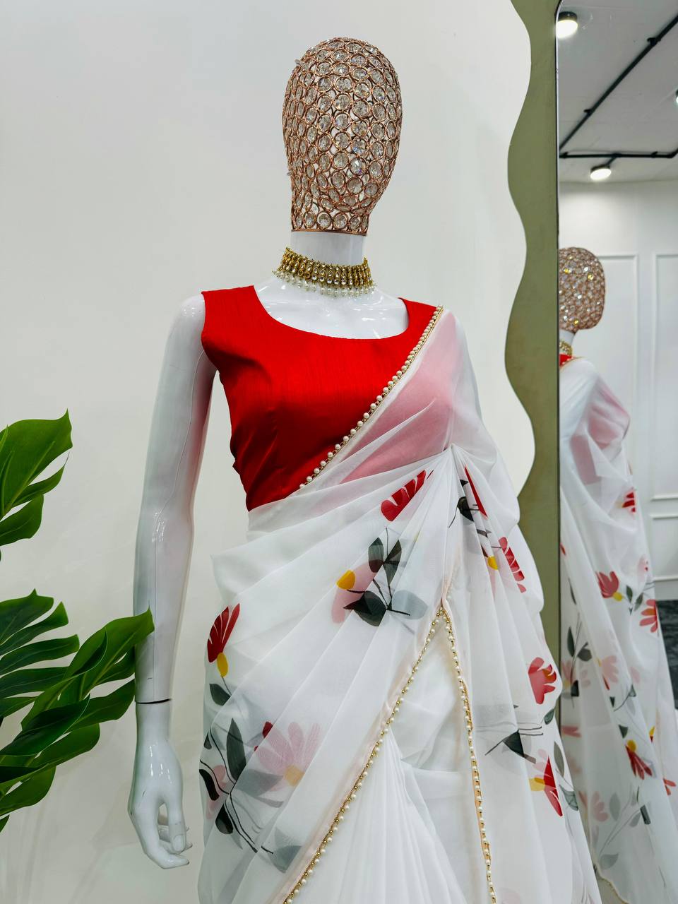 White Tibby Silk With Digital Print Saree