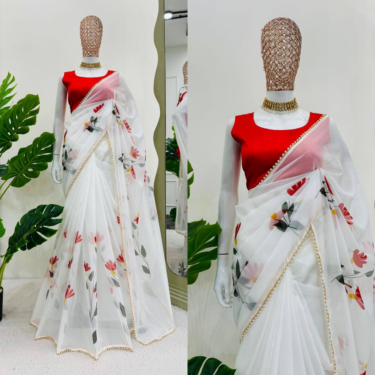 White Tibby Silk With Digital Print Saree