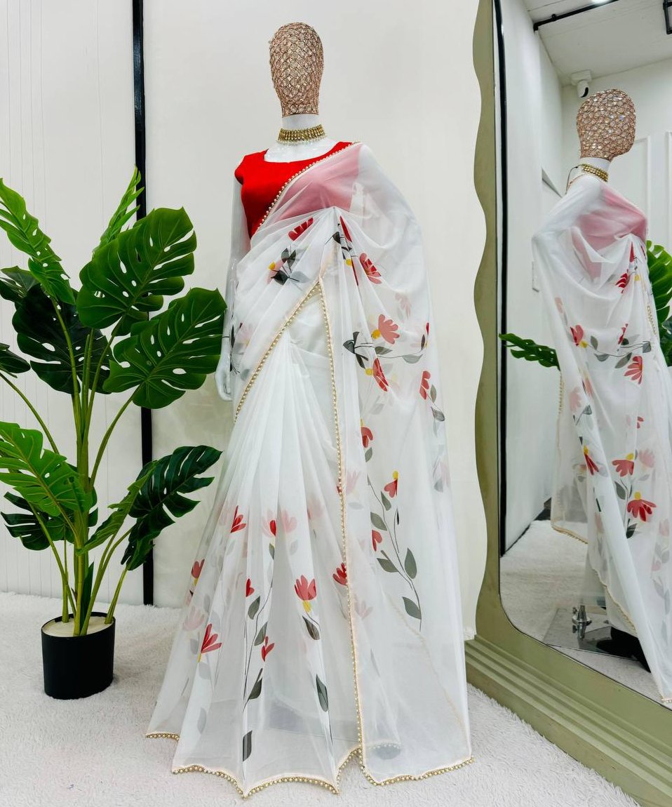 White Tibby Silk With Digital Print Saree