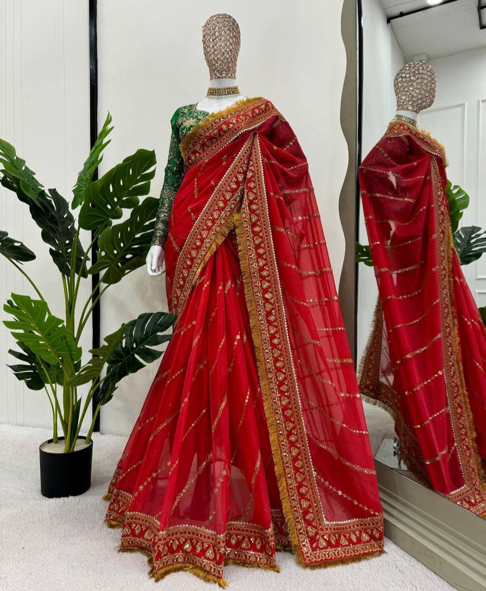 Red Organza Silk With Fancy Lace Saree