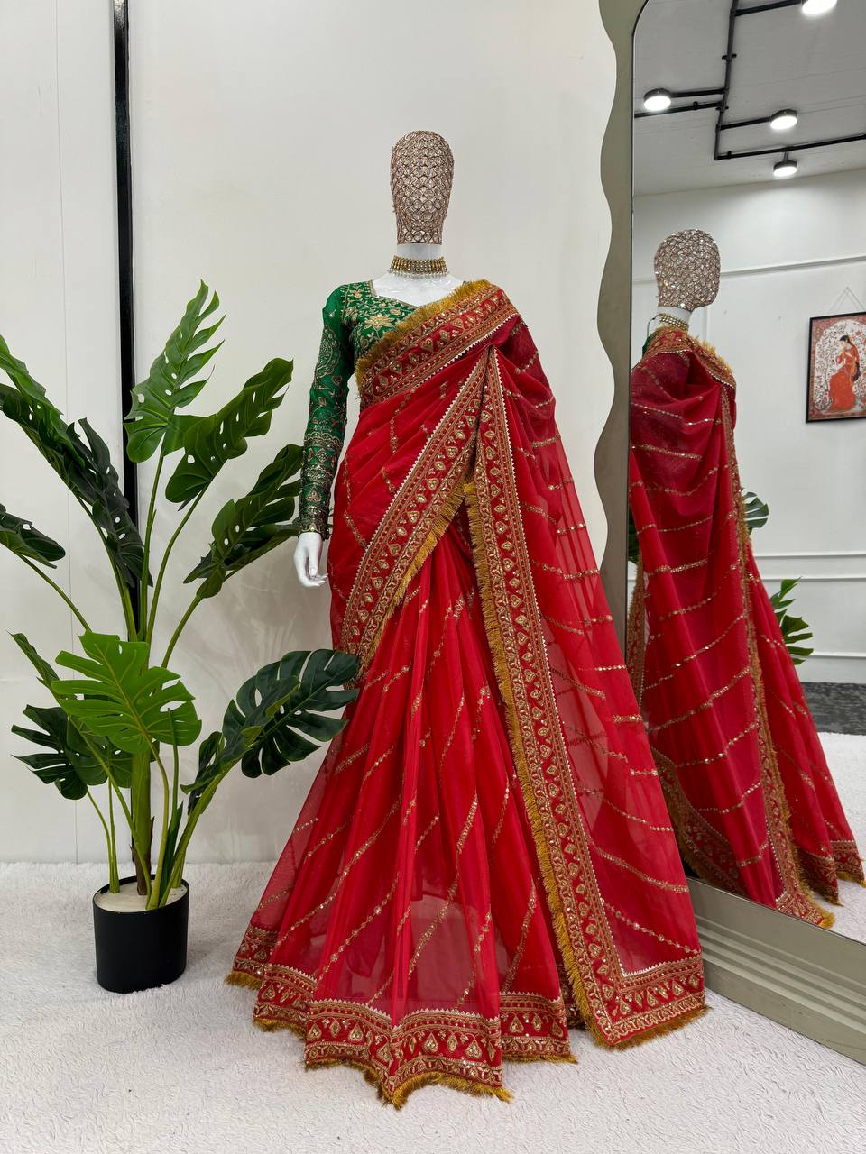 Red Organza Silk With Fancy Lace Saree