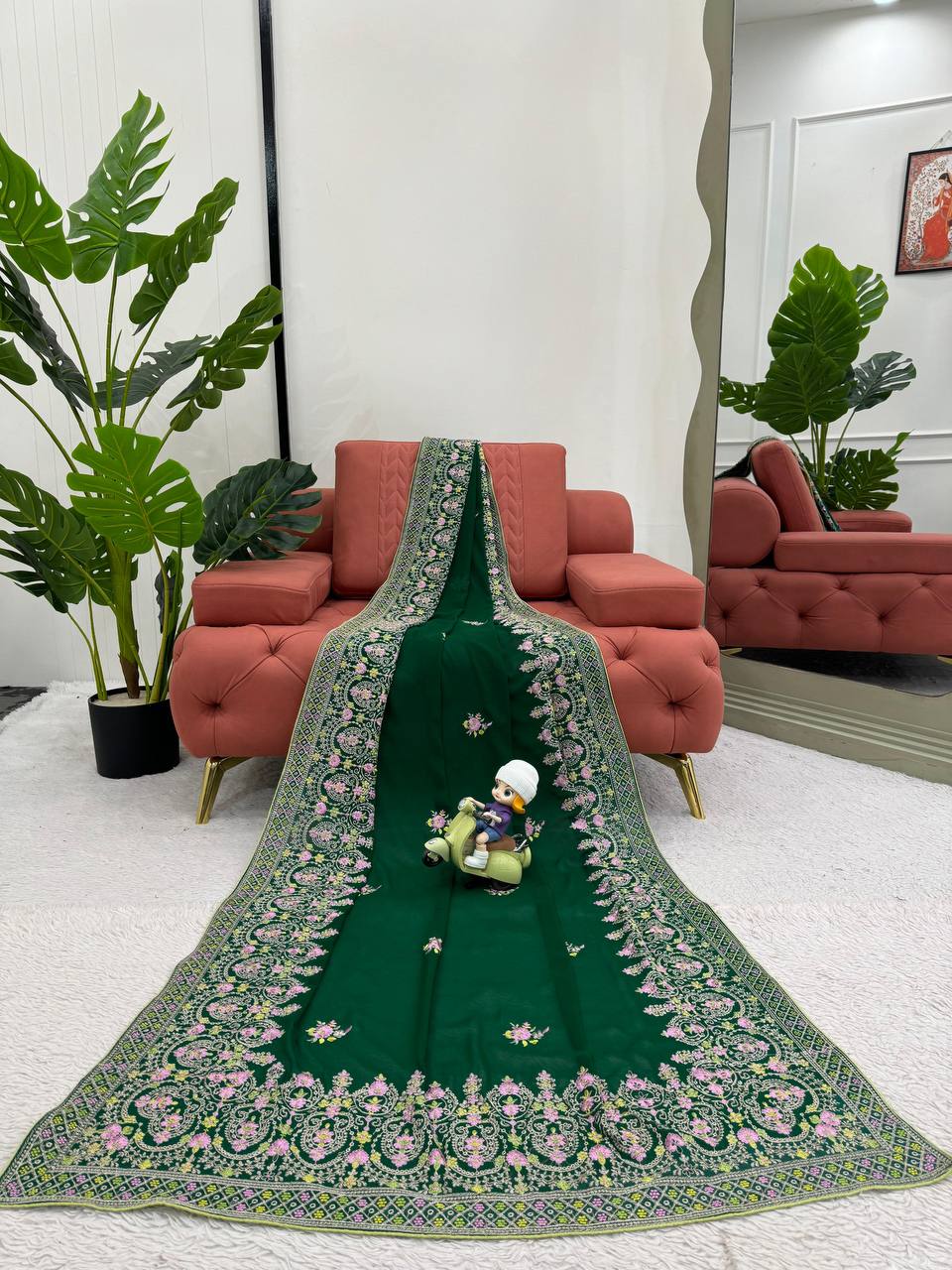 Green Faux Georgette With Piping Saree