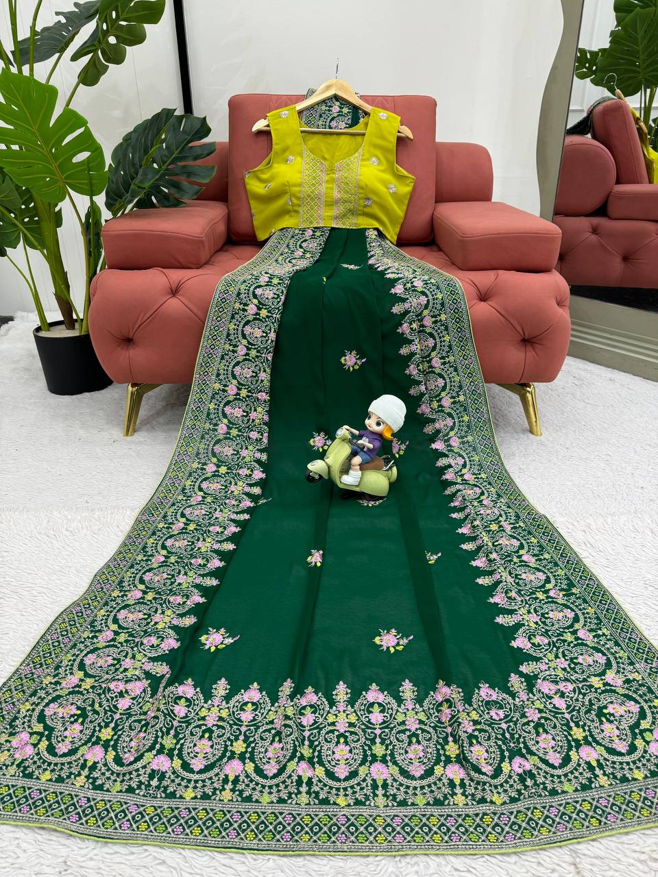 Green Faux Georgette With Piping Saree