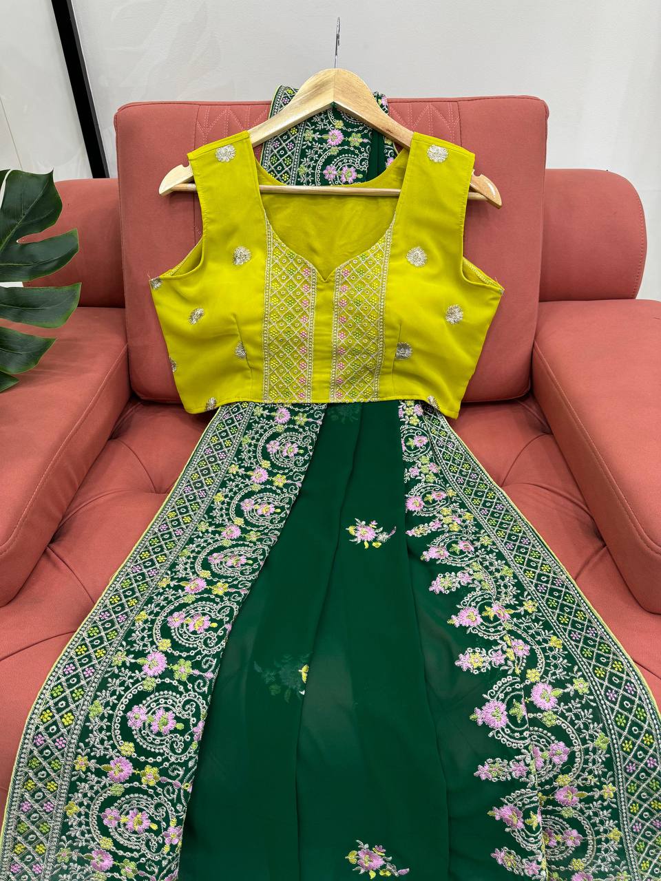 Green Faux Georgette With Piping Saree