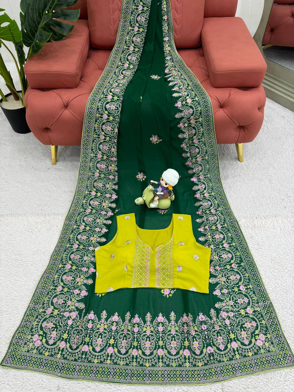 Green Faux Georgette With Piping Saree