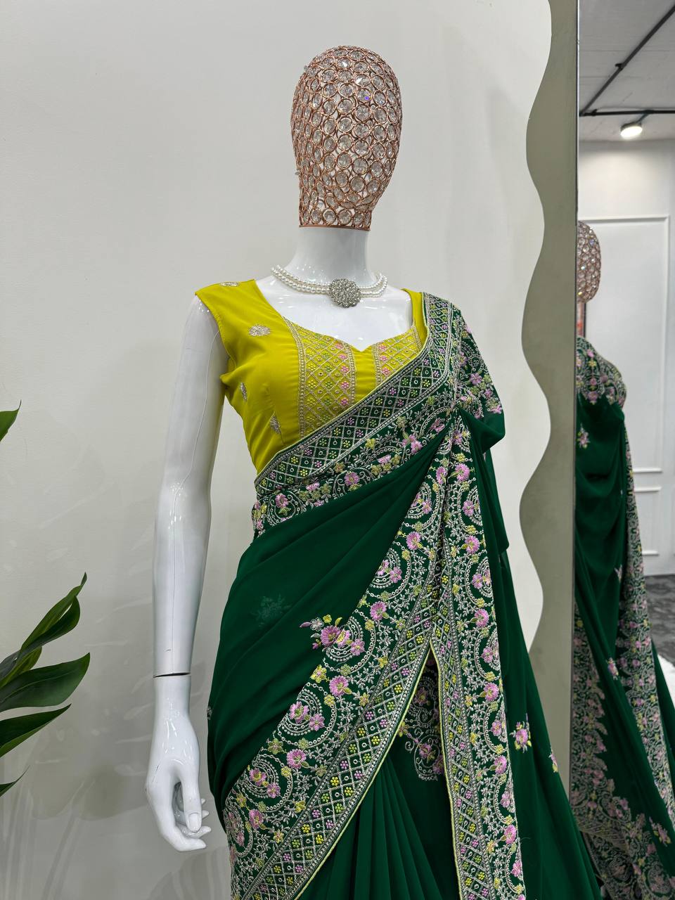 Green Faux Georgette With Piping Saree