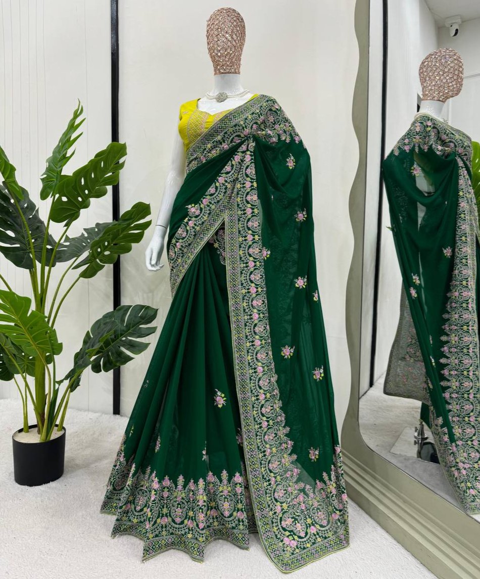 Green Faux Georgette With Piping Saree