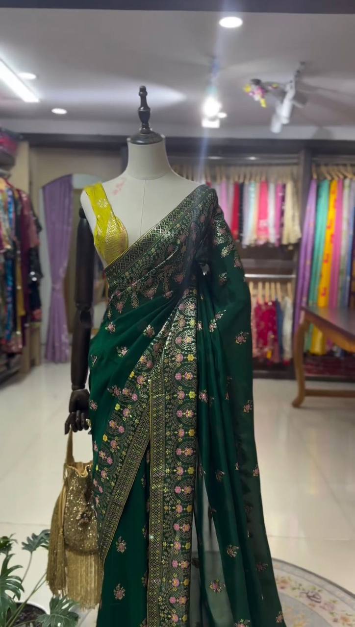 Green Faux Georgette With Piping Saree