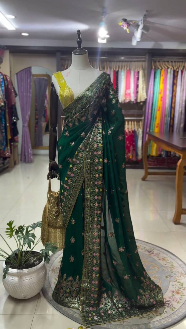 Green Faux Georgette With Piping Saree