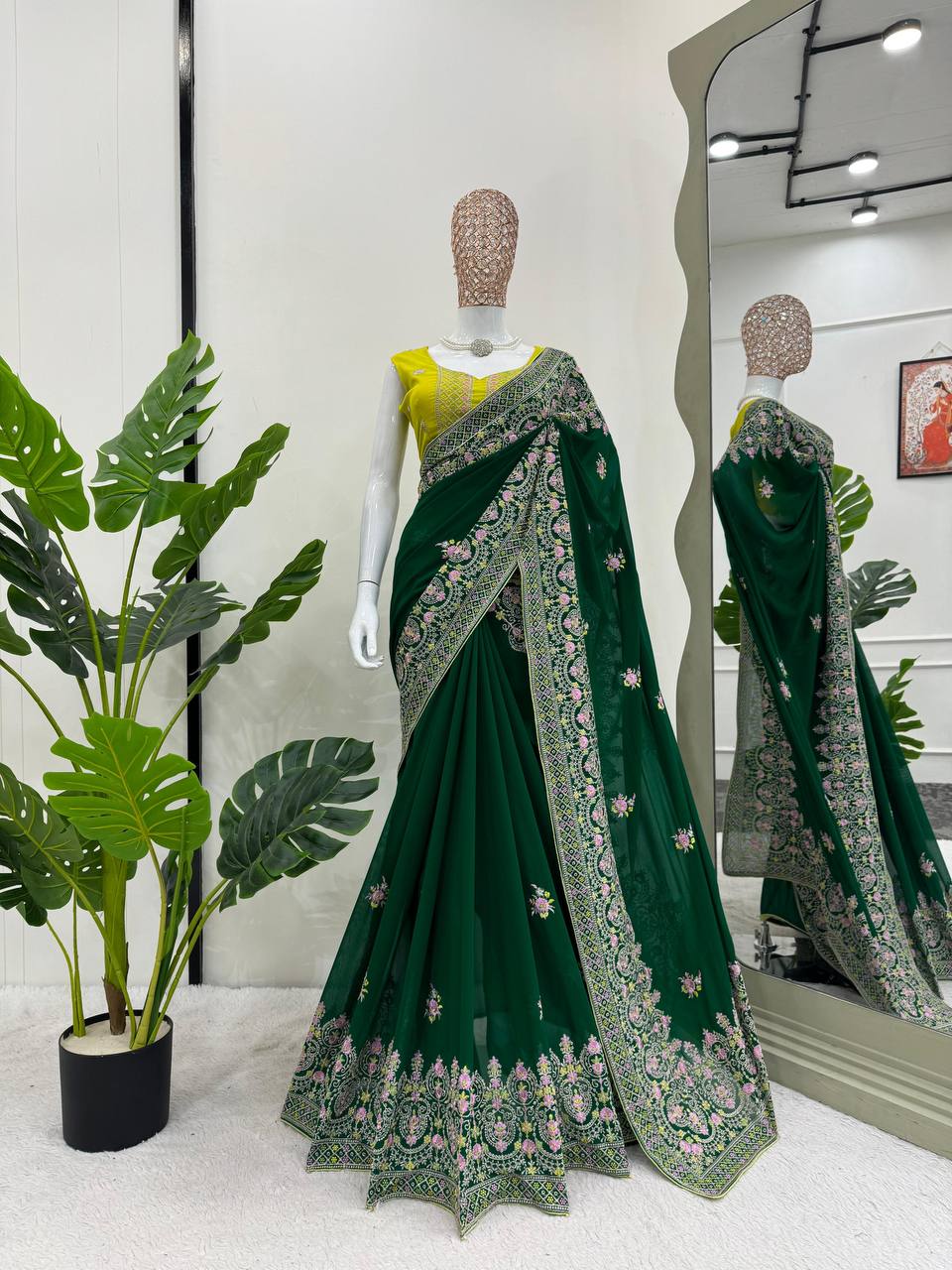 Green Faux Georgette With Piping Saree