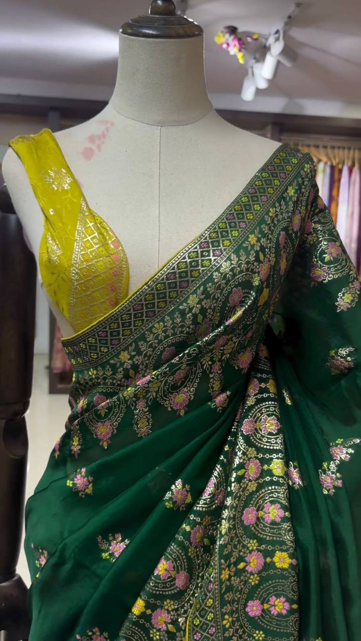 Green Faux Georgette With Piping Saree