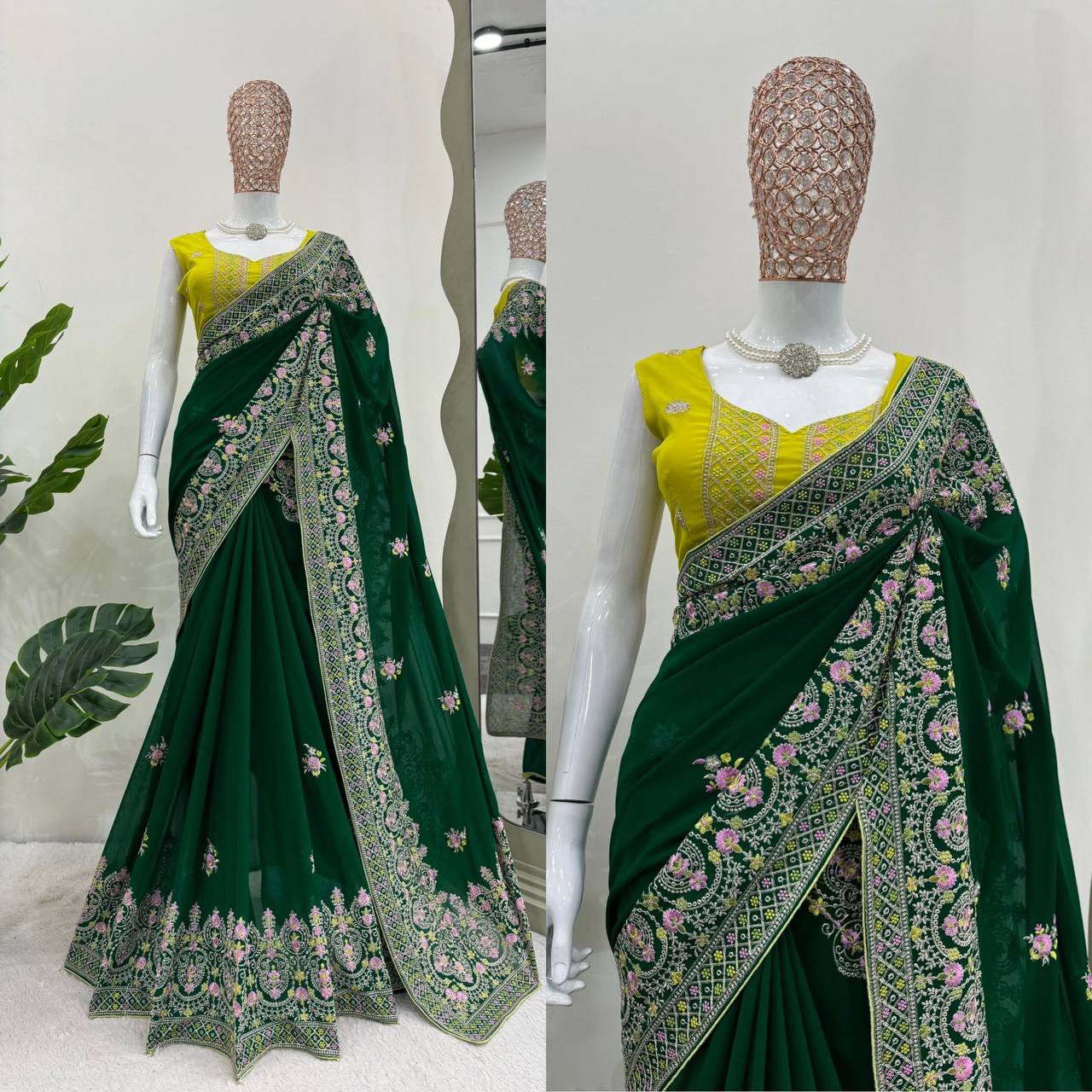 Green Faux Georgette With Piping Saree