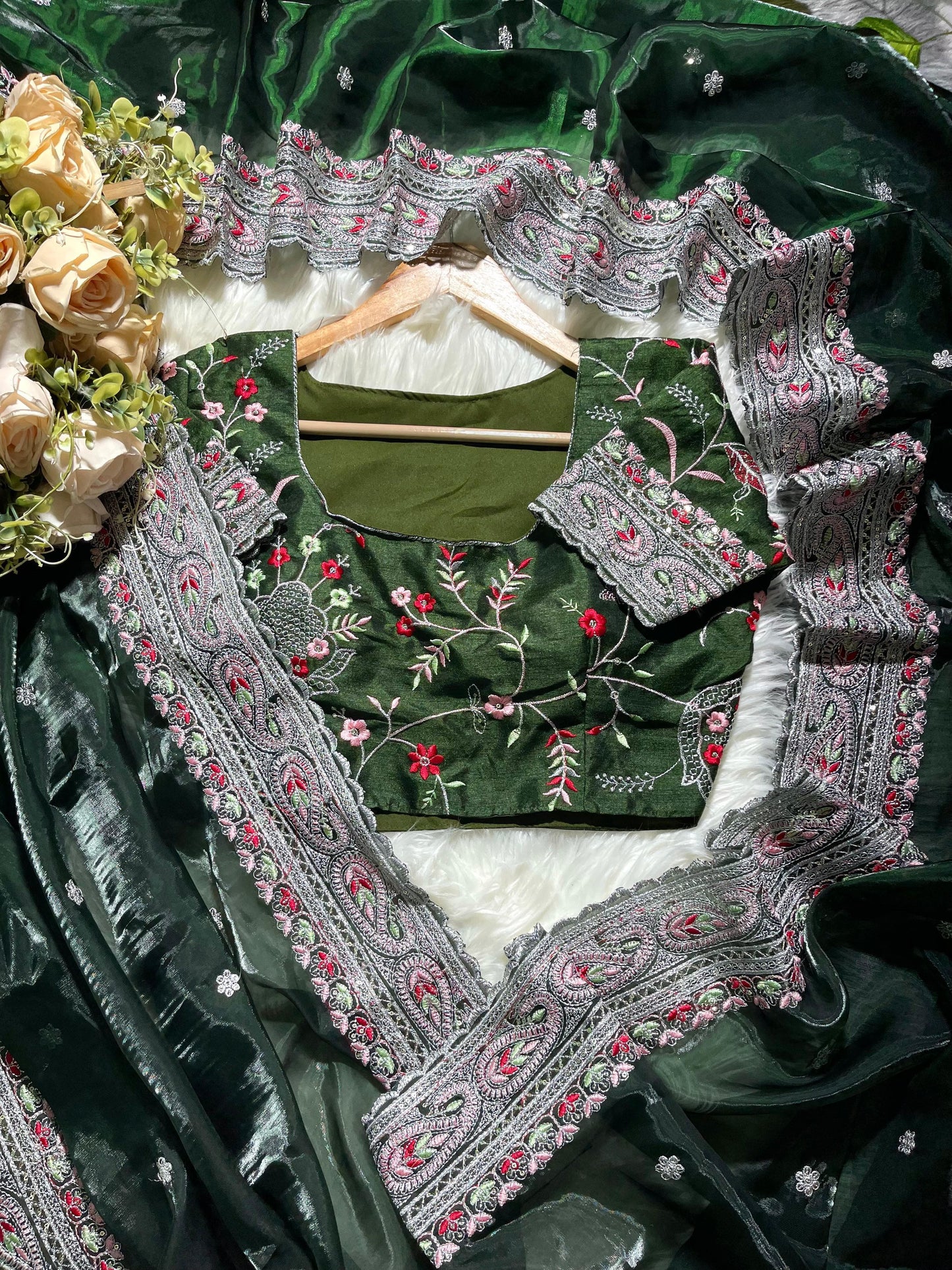 Dark Green Pure Soft Jimmy Chu Silk Saree