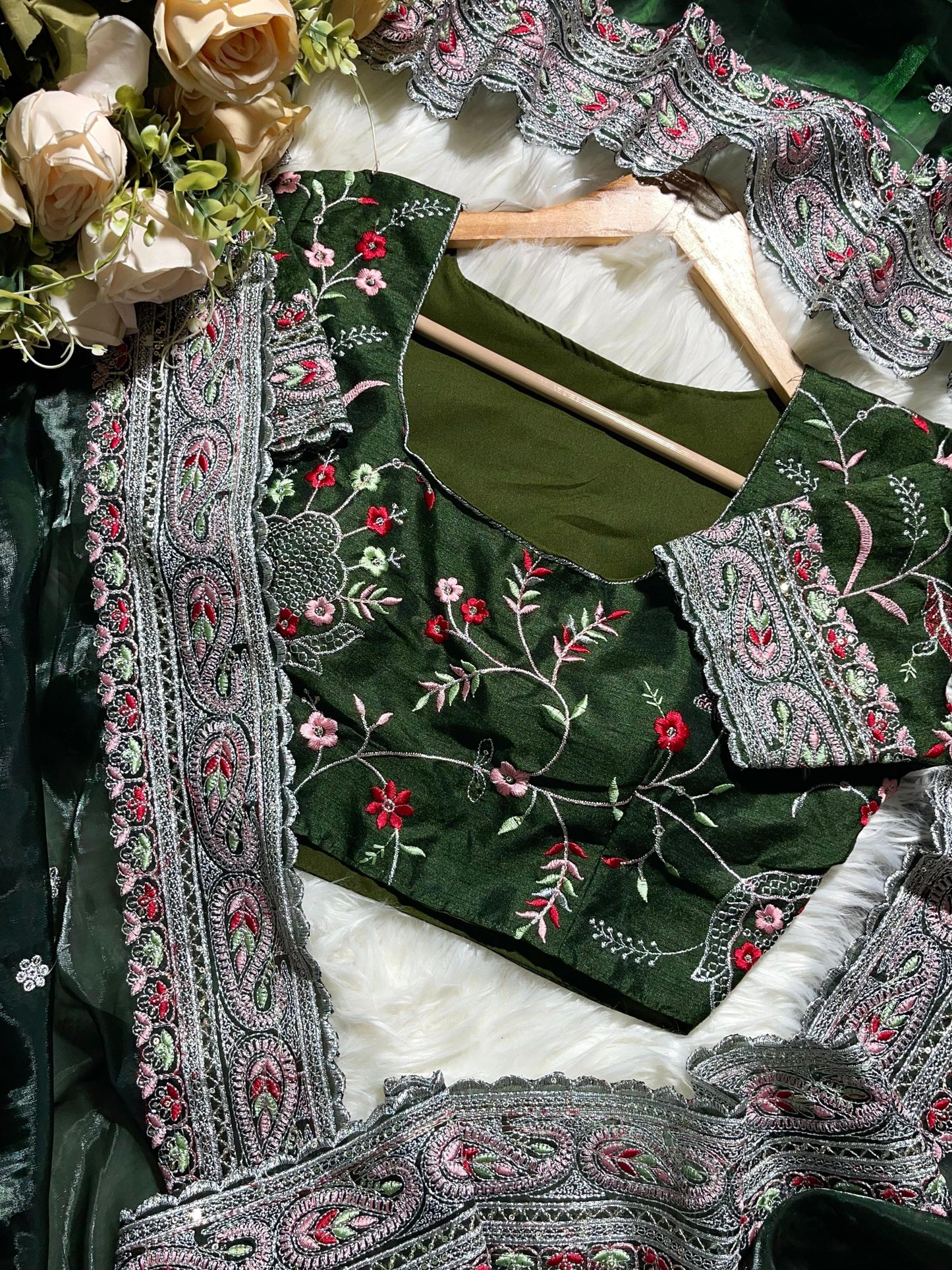 Dark Green Pure Soft Jimmy Chu Silk Saree