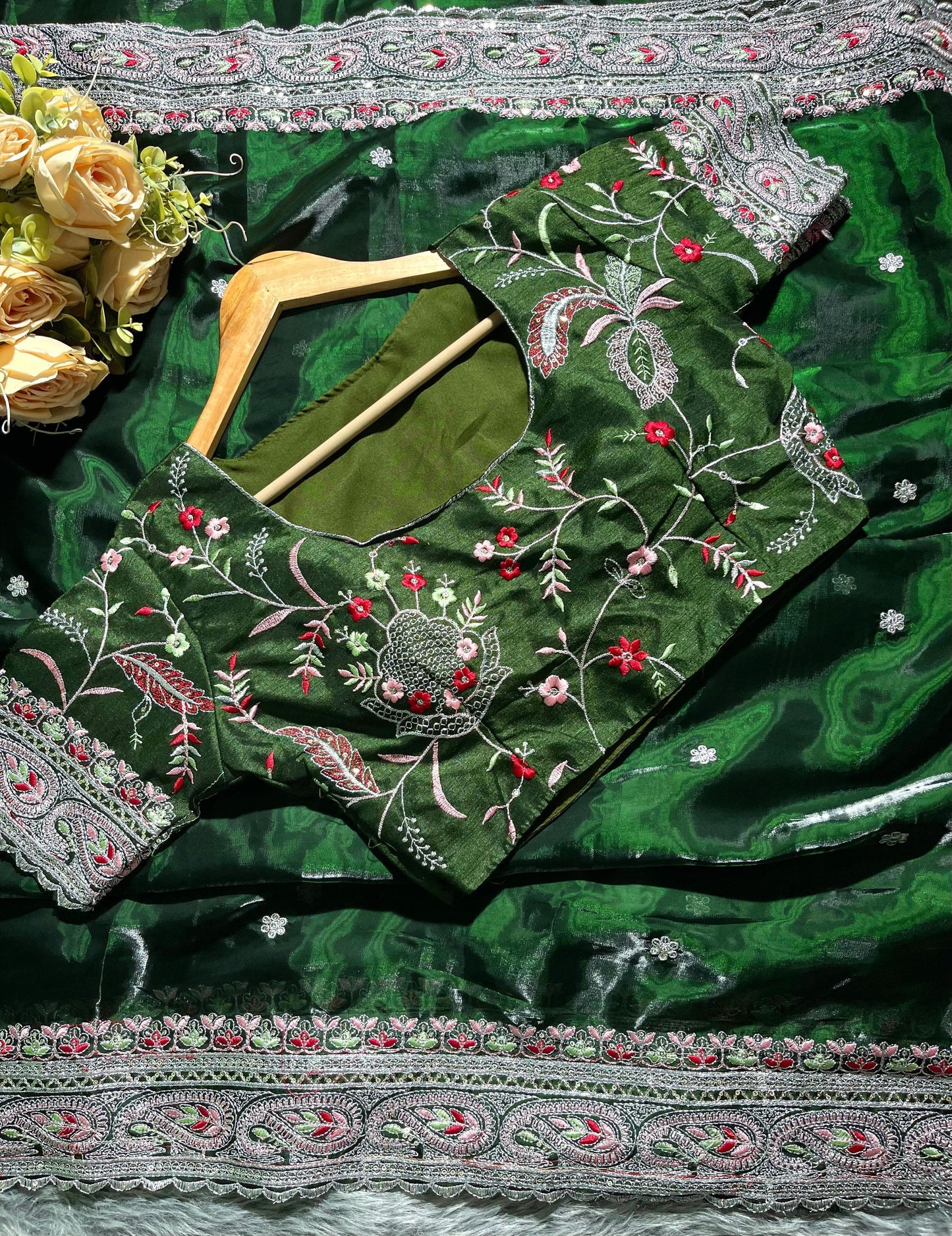 Dark Green Pure Soft Jimmy Chu Silk Saree