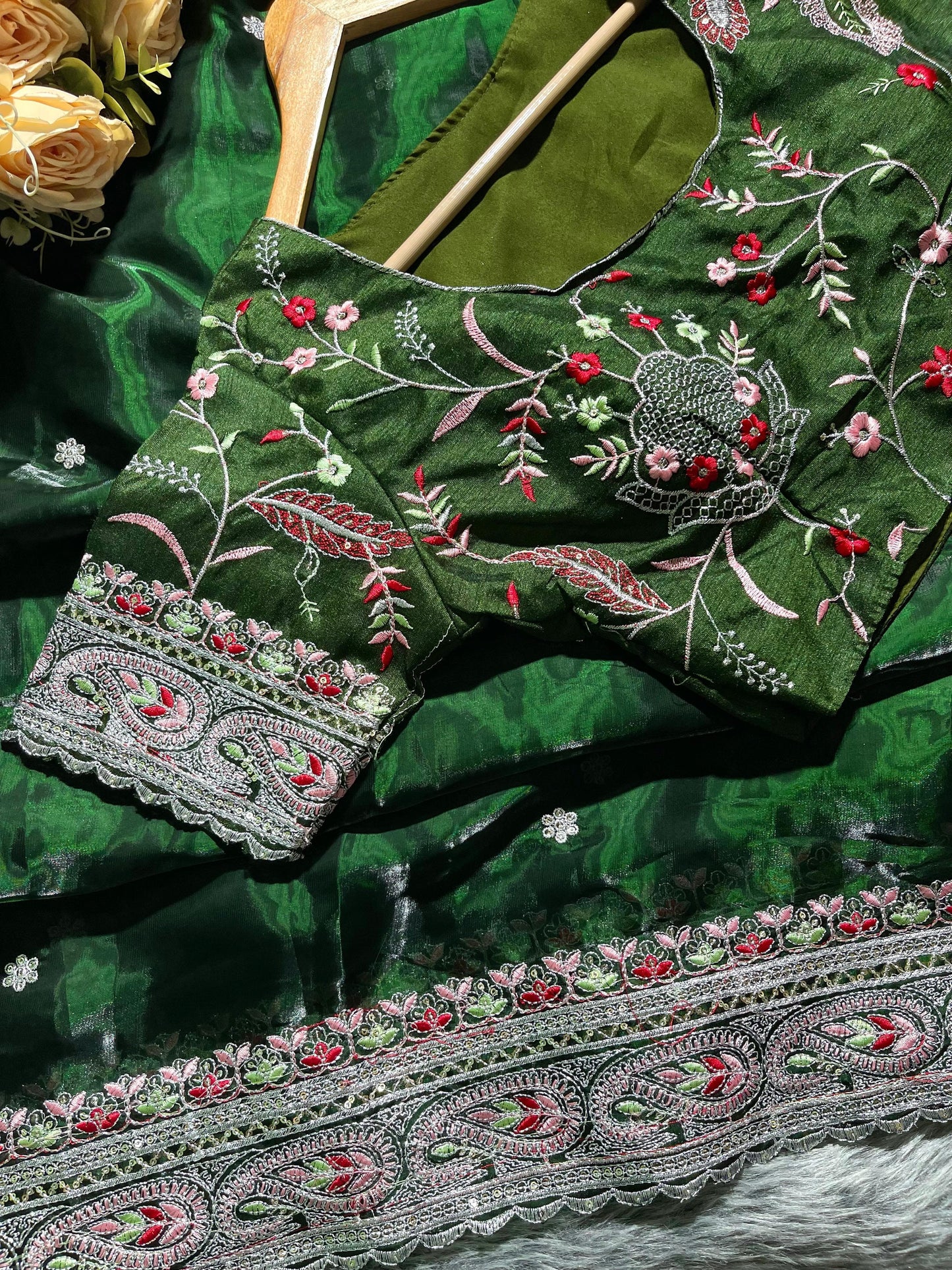 Dark Green Pure Soft Jimmy Chu Silk Saree