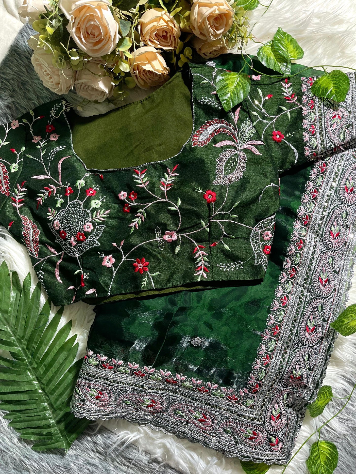 Dark Green Pure Soft Jimmy Chu Silk Saree