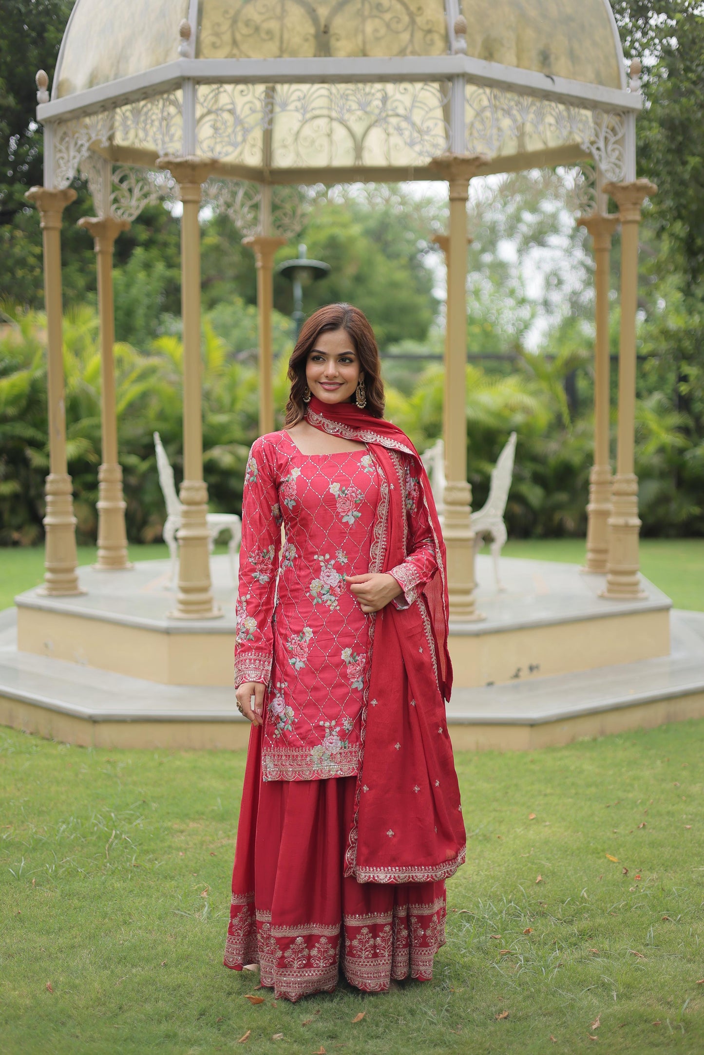 Thread Embroidery With Chinnon Print Kurta Plazzo Set With Dupatta