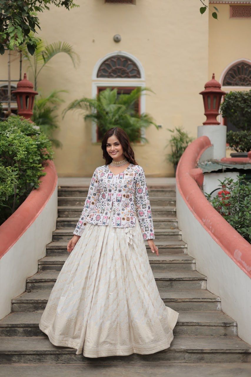 White color Jequard Faux Georgette Thread-Sequins Work Lehenga Top