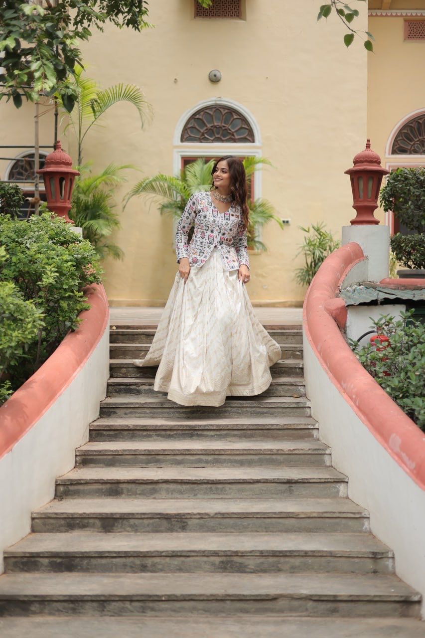 White color Jequard Faux Georgette Thread-Sequins Work Lehenga Top