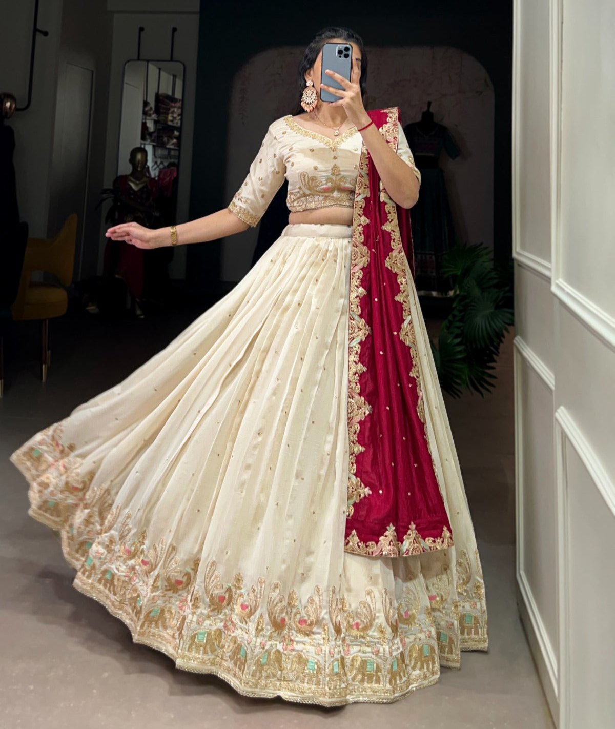 Sequins and Thread Embroidery With Vichitra Silk Lehenga