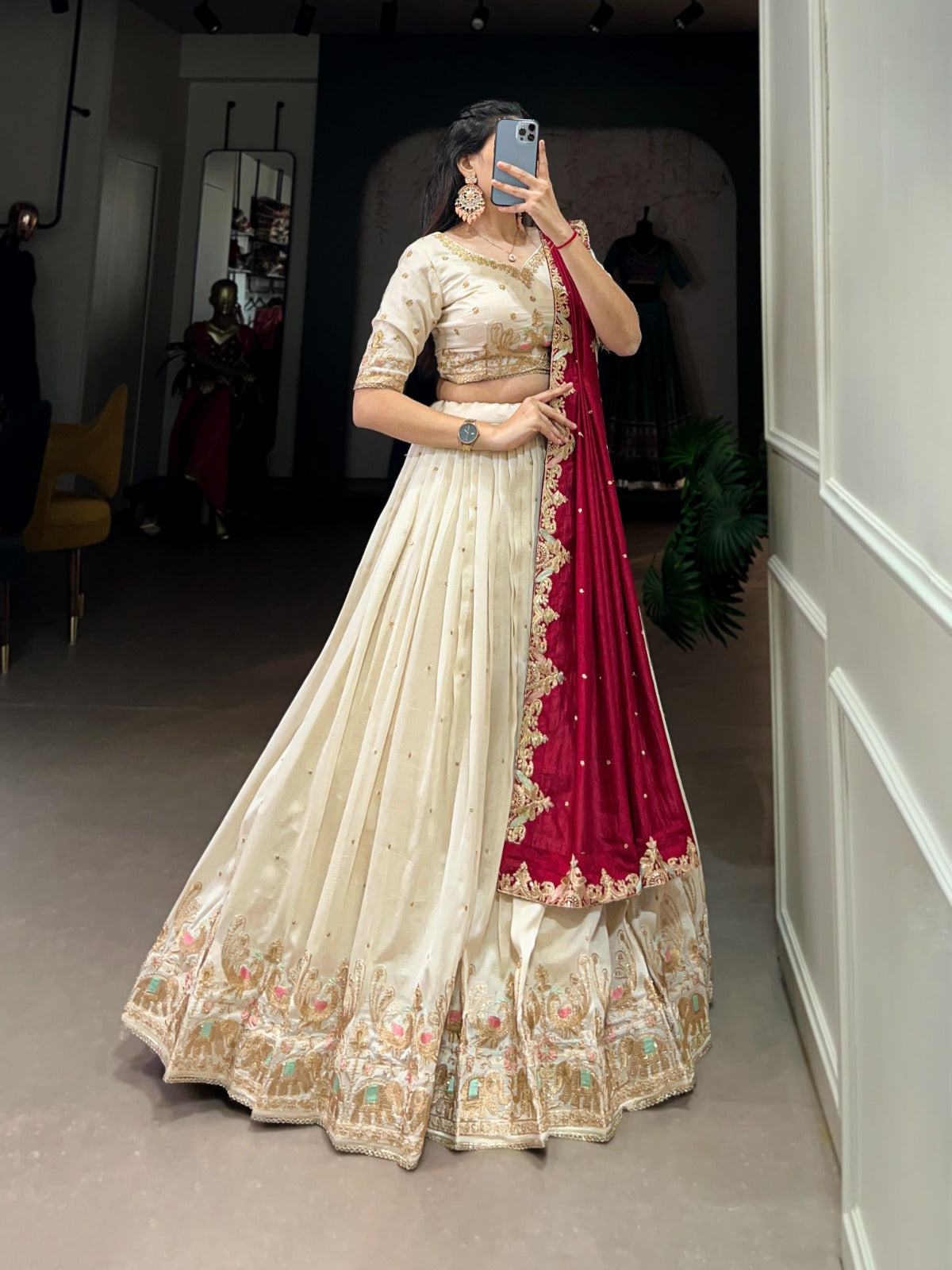 Sequins and Thread Embroidery With Vichitra Silk Lehenga