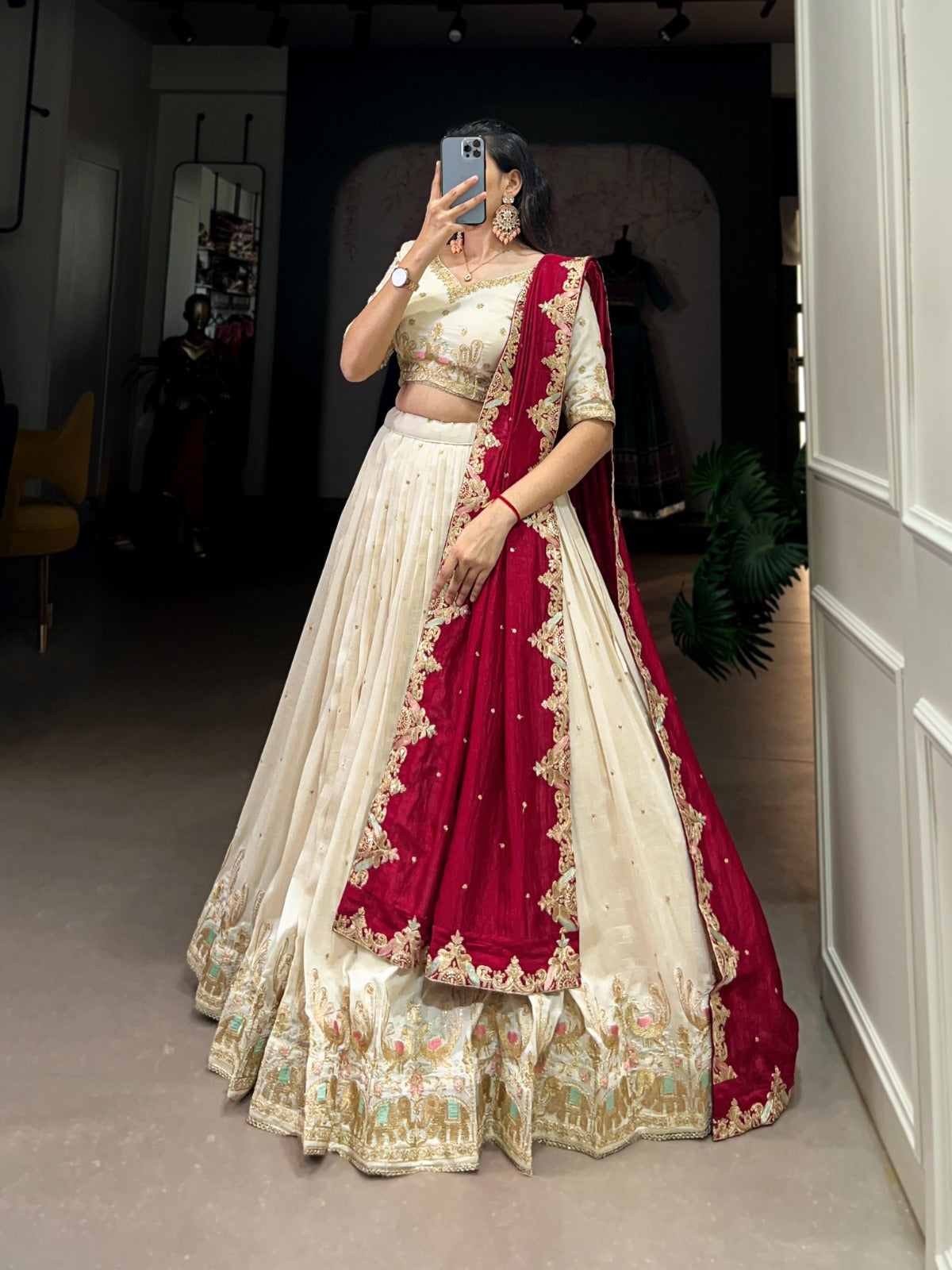 Sequins and Thread Embroidery With Vichitra Silk Lehenga