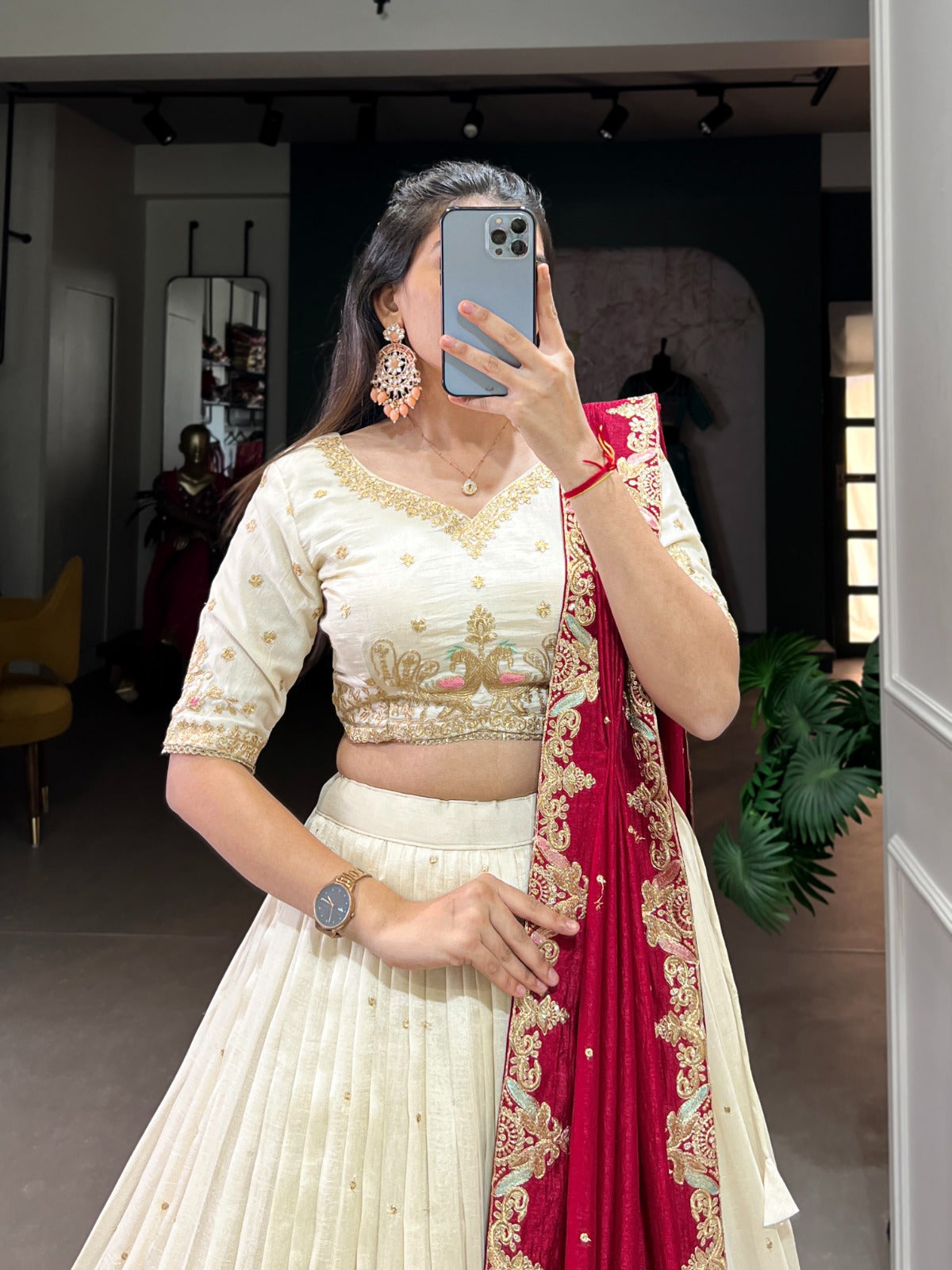 Sequins and Thread Embroidery With Vichitra Silk Lehenga