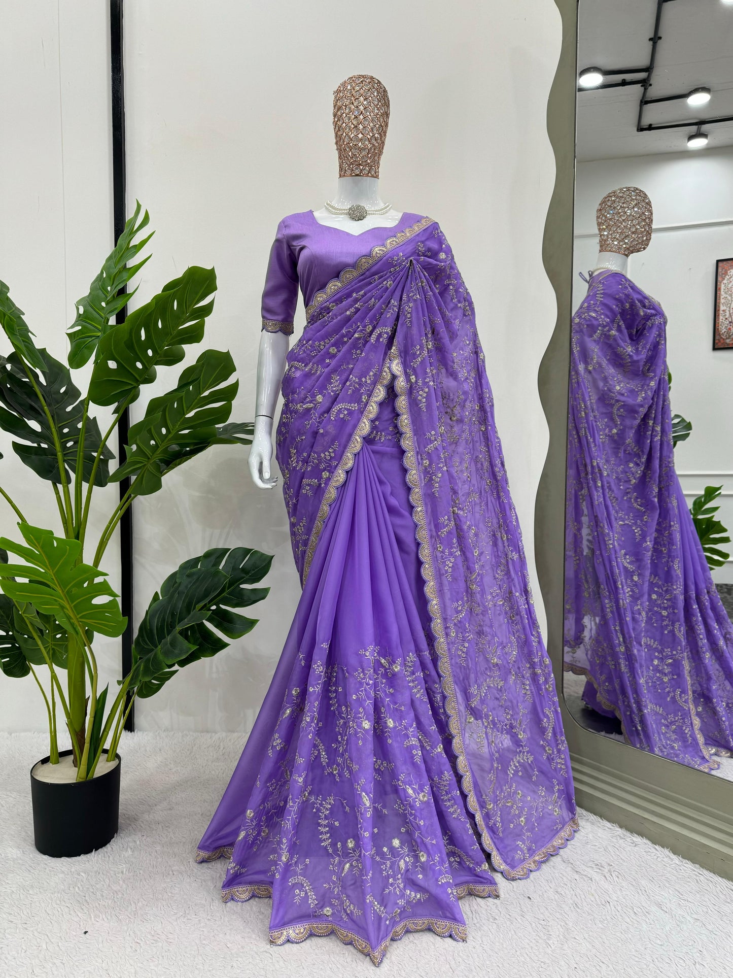 Lavender Heavy Tibby Silk With Coding Work Saree
