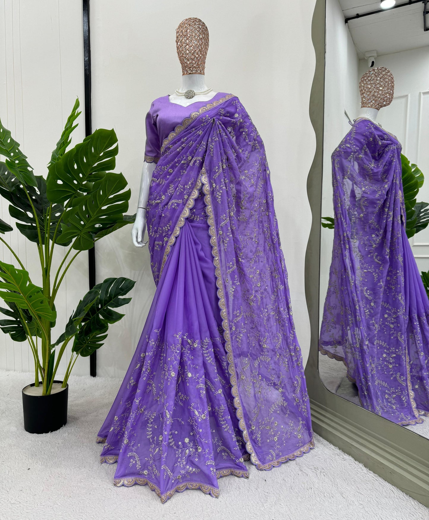Lavender Heavy Tibby Silk With Coding Work Saree