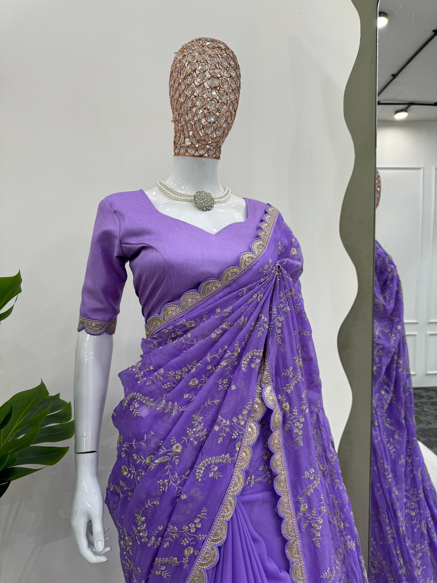 Lavender Heavy Tibby Silk With Coding Work Saree
