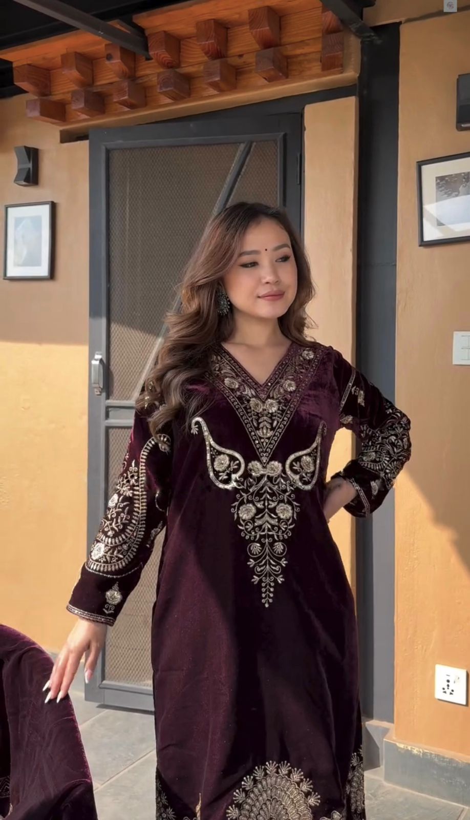 Wine Viscose Velvet Fully Sleeved With Sequins Work 3pc Kurta Set
