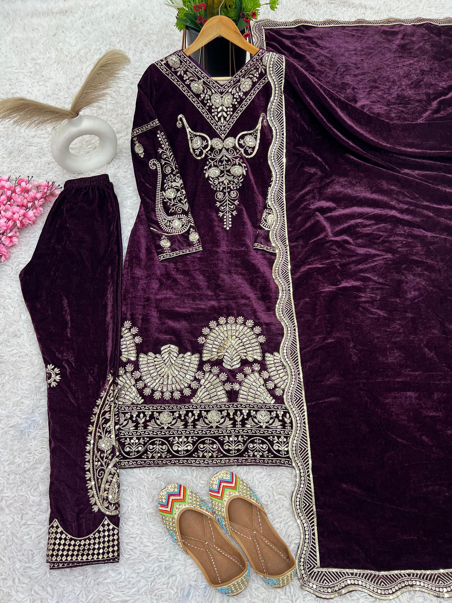 Wine Viscose Velvet Fully Sleeved With Sequins Work 3pc Kurta Set