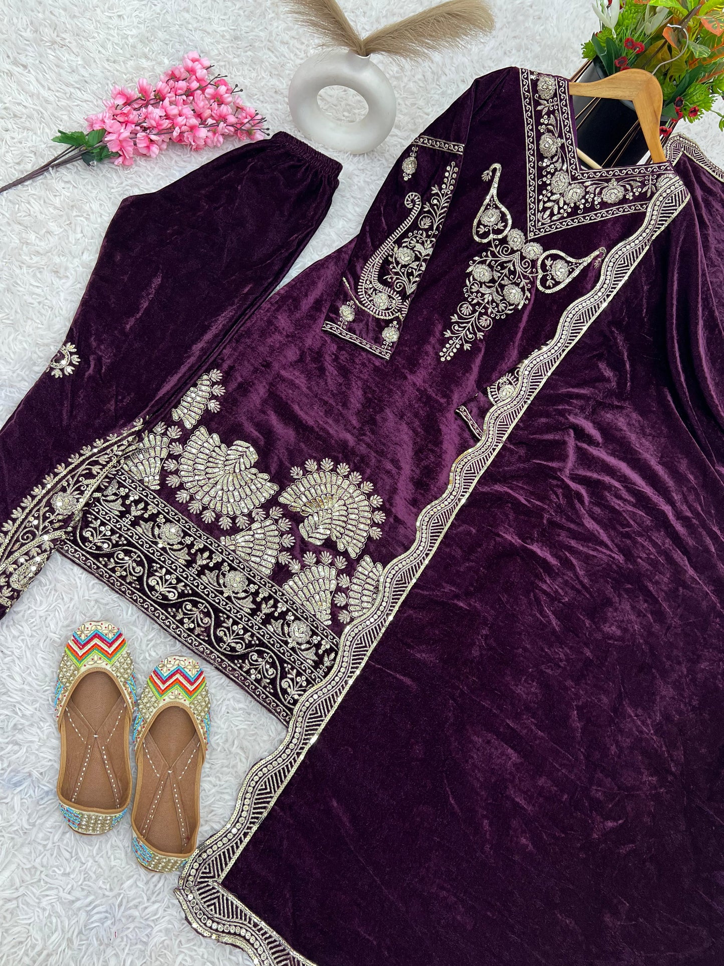 Wine Viscose Velvet Fully Sleeved With Sequins Work 3pc Kurta Set