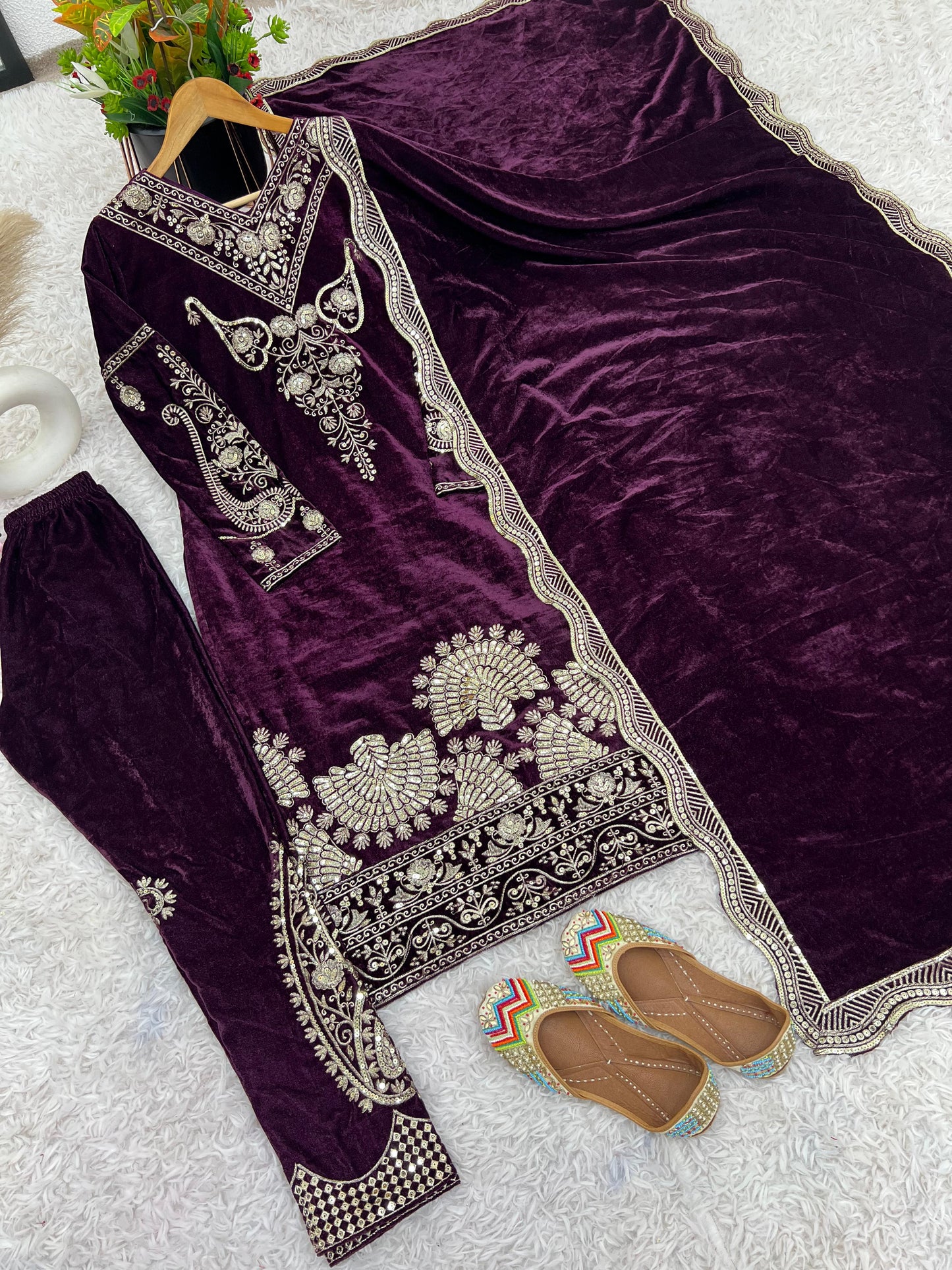 Wine Viscose Velvet Fully Sleeved With Sequins Work 3pc Kurta Set