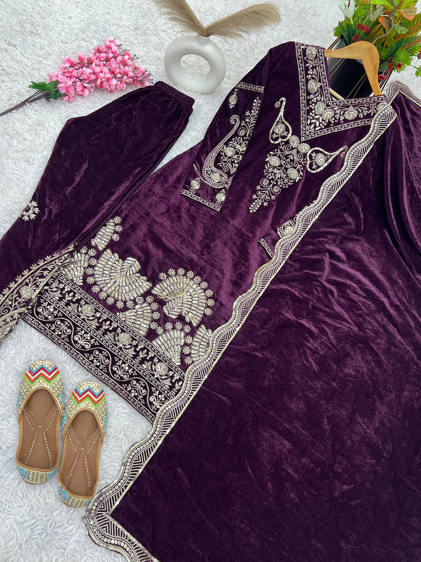 Wine Viscose Velvet Fully Sleeved With Sequins Work 3pc Kurta Set