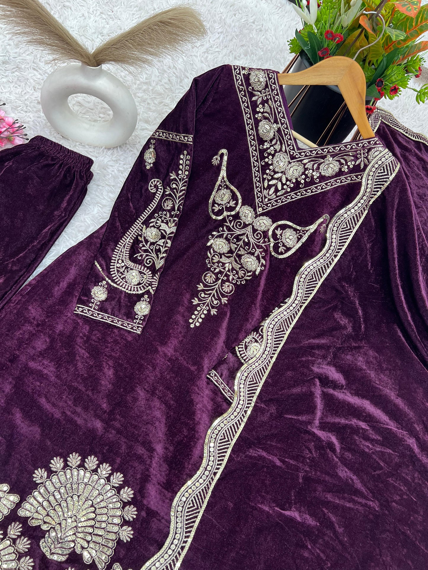 Wine Viscose Velvet Fully Sleeved With Sequins Work 3pc Kurta Set